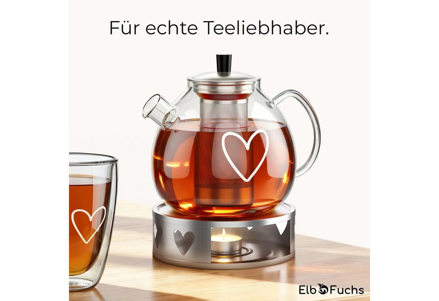 ElbFuchs Teekanne Glas 1,5 l mit Siebeinsatz und Stövchen
