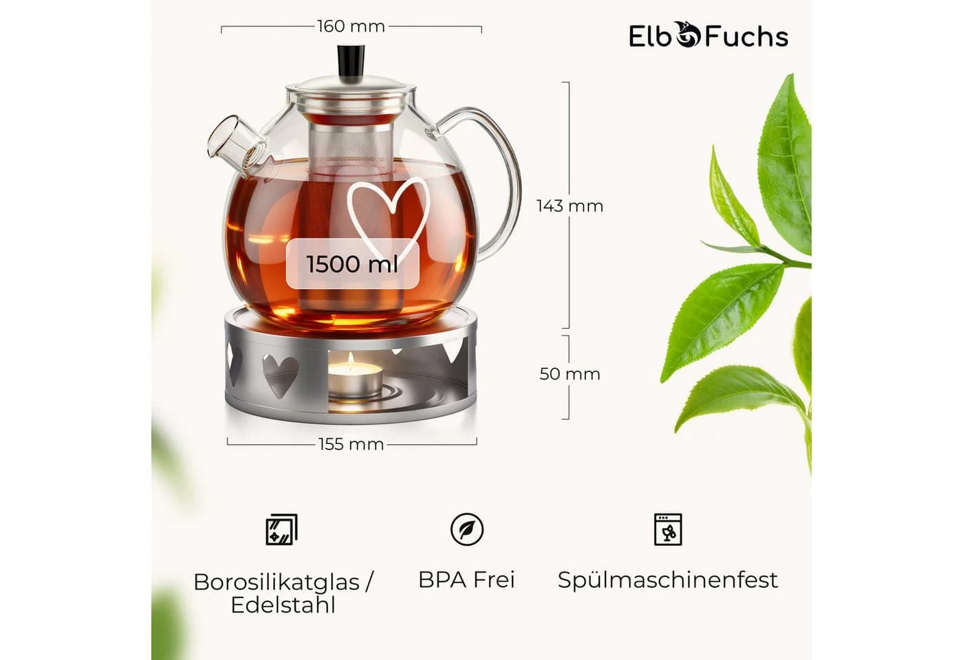 ElbFuchs Teekanne Glas 1,5 l mit Siebeinsatz und Stövchen - Bild 3