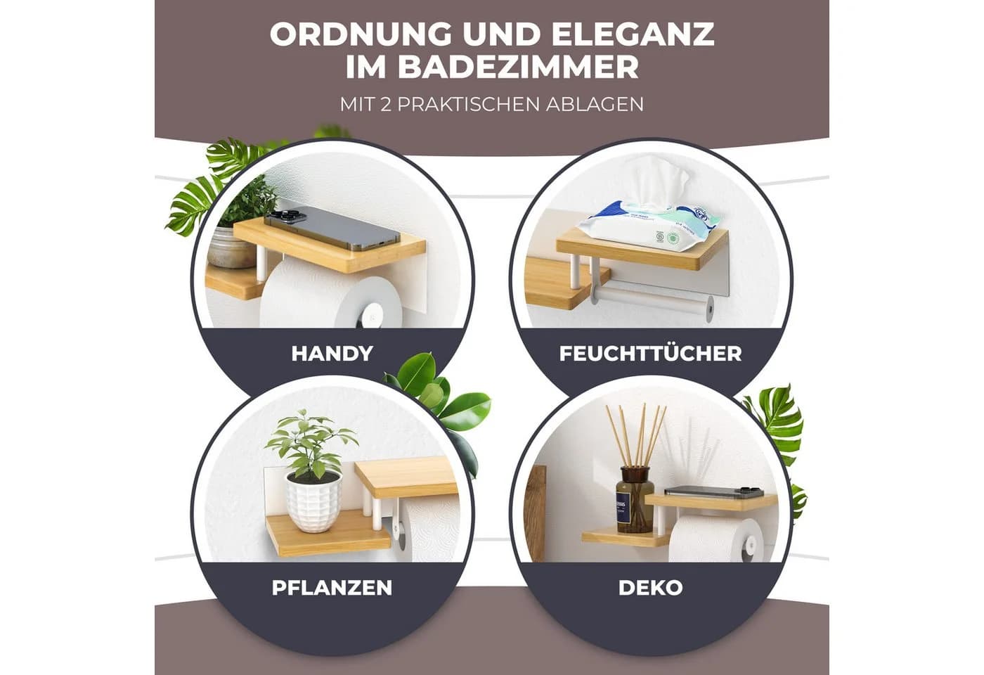 ElbFuchs Toilettenpapierhalter mit Ablage Weiß Bambus Metall