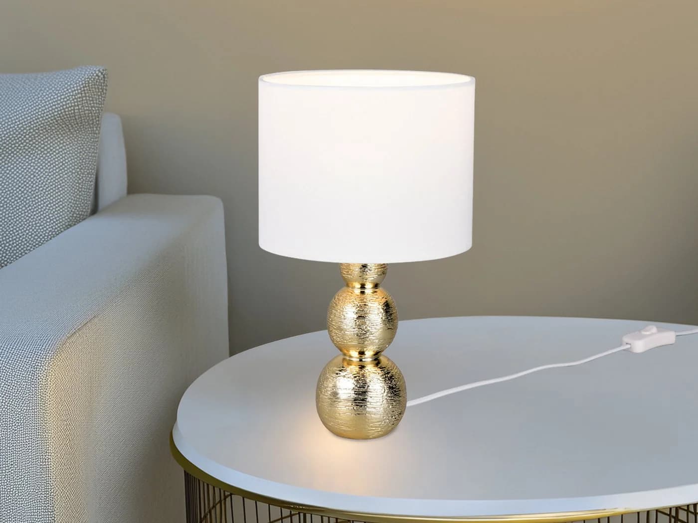 Reality Leuchten LED Nachttischlampe Keramik Gold Stoffschirm Weiß