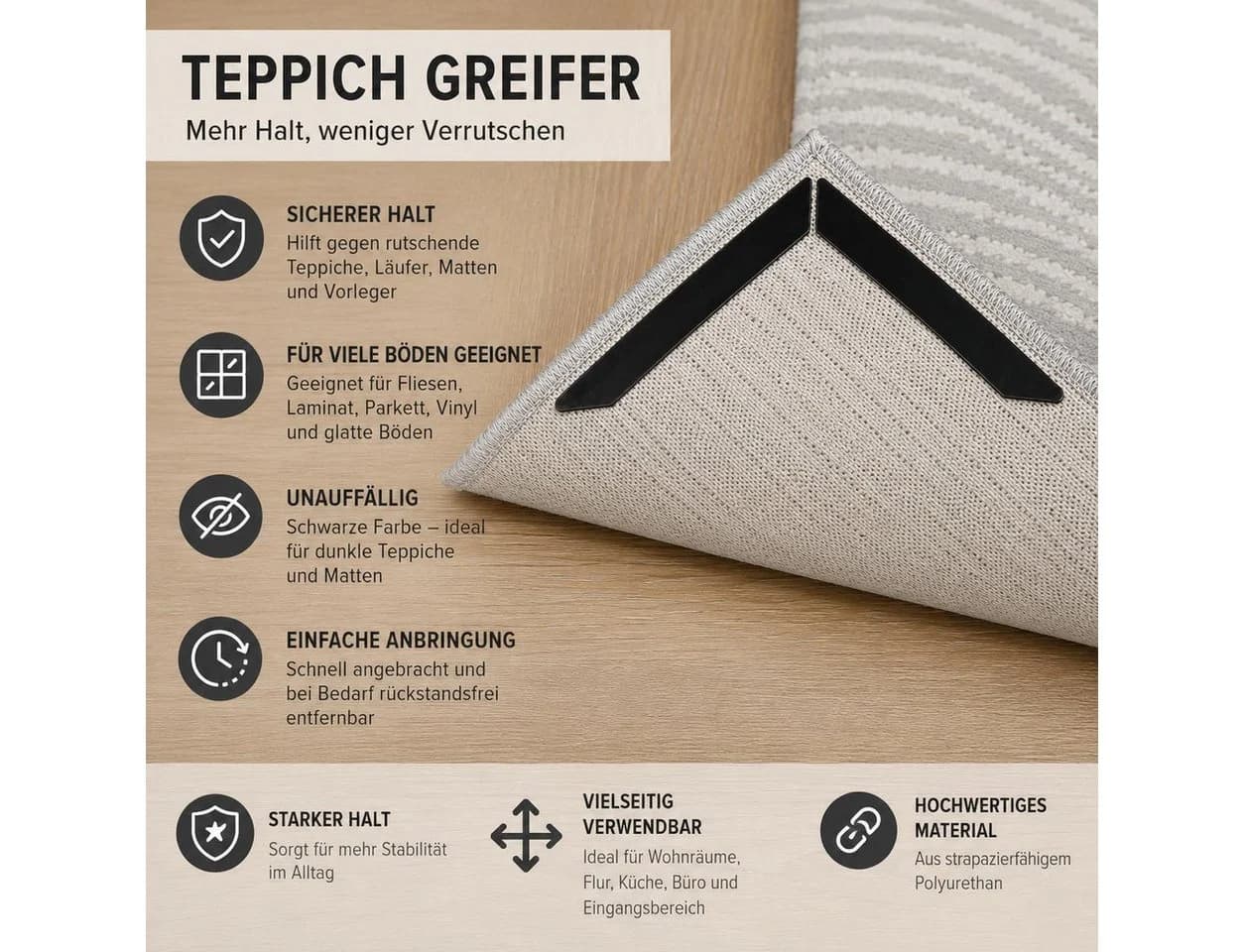 BAYLI Antirutsch Teppichstopper 4er Set Selbstklebend Schwarz