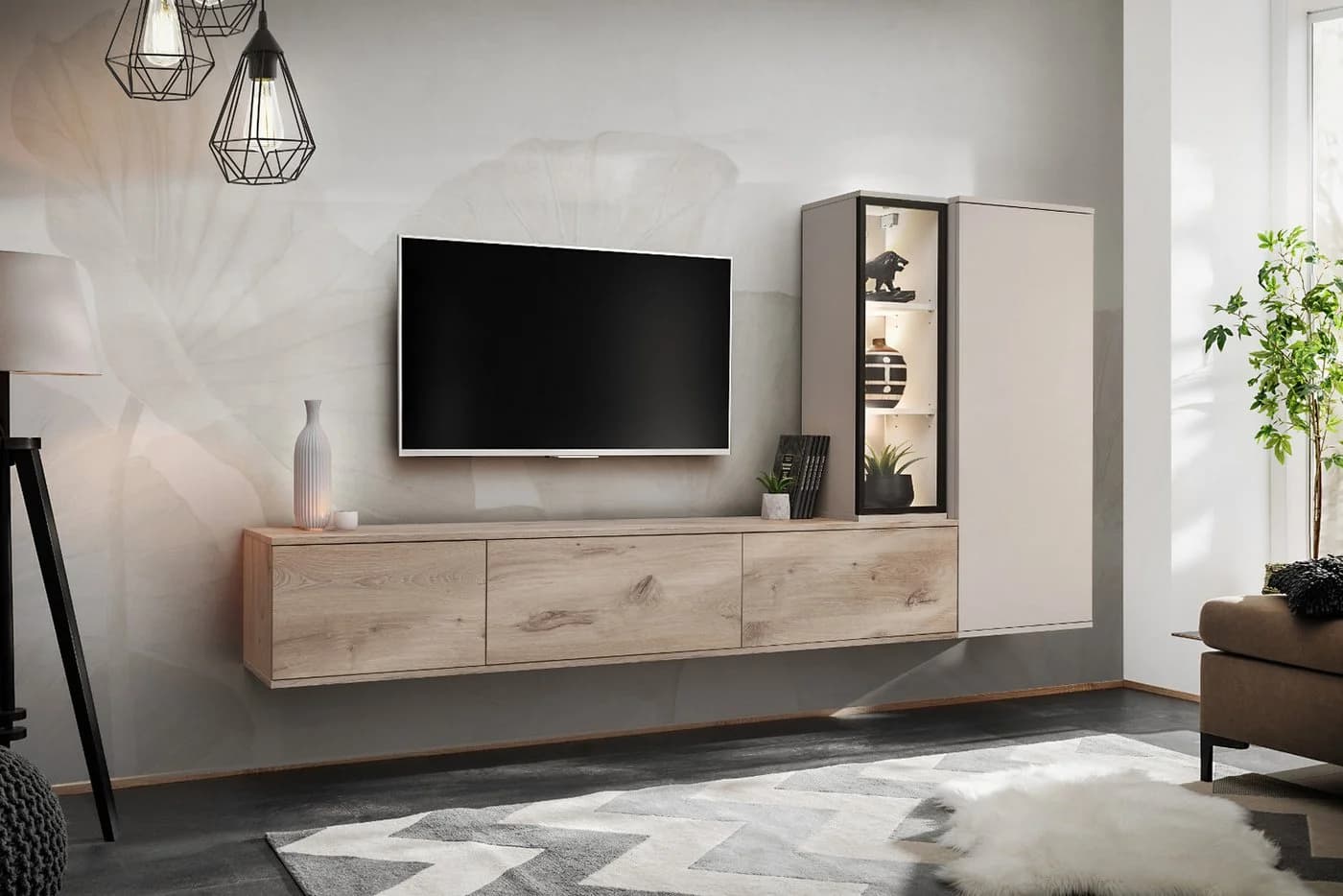 Furn.Design Wohnwand Askim hängend Eiche Kaschmir Push-To-Open LED