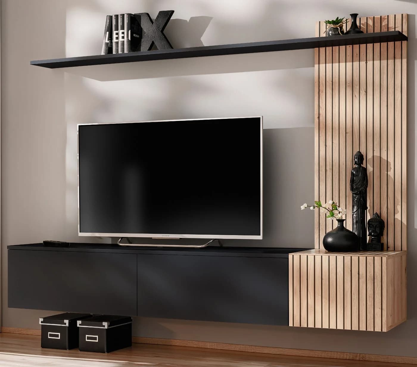 Furn.Design Wohnwand Madina Schwarz Eiche Leistenoptik Push-To-Open - Bild 2