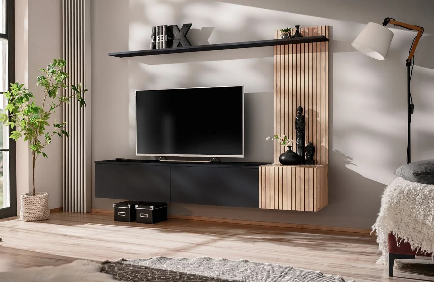 Furn.Design Wohnwand Madina Schwarz Eiche Leistenoptik Push-To-Open - Bild 4