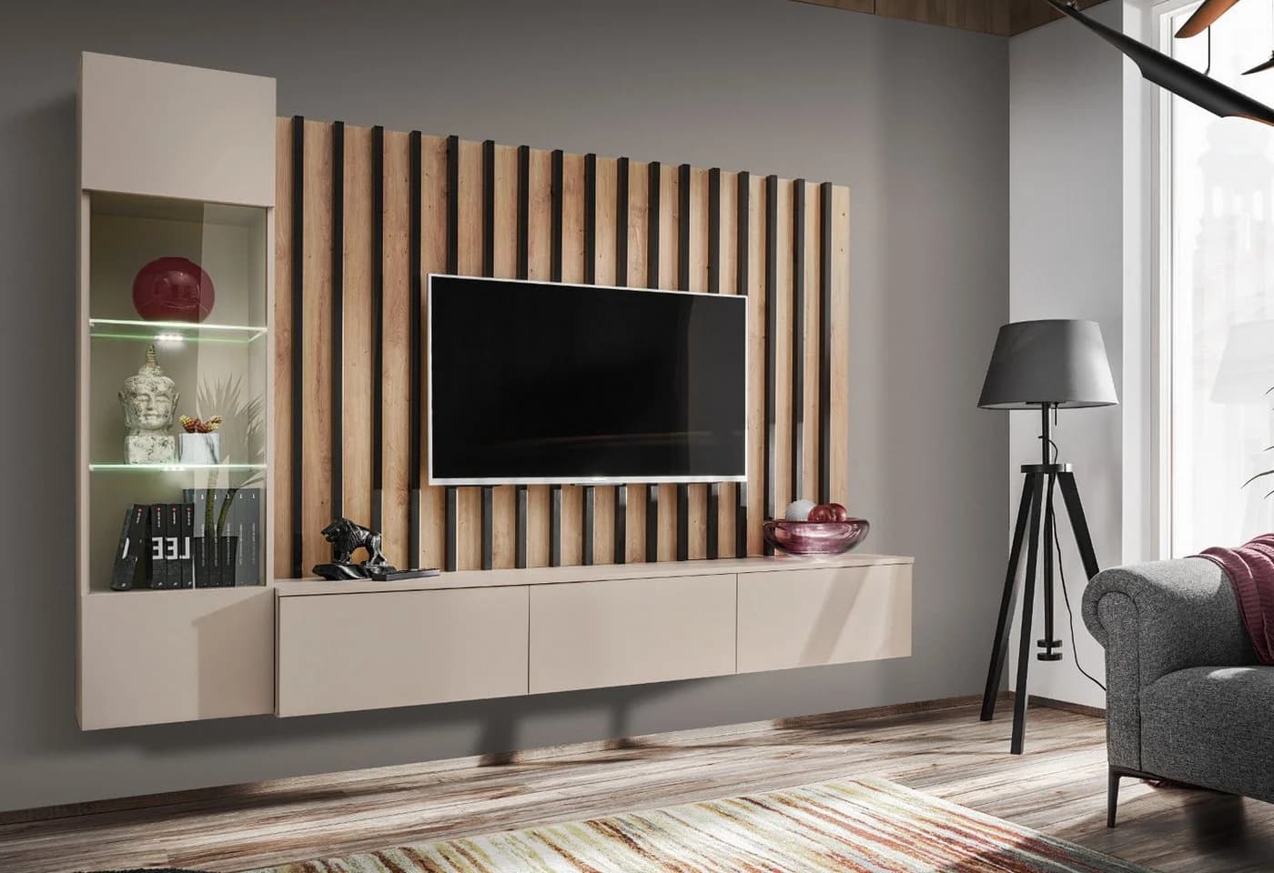 Furn.Design Wohnwand Pearl TV-Mediawand Kaschmir Sand Eiche Artisan