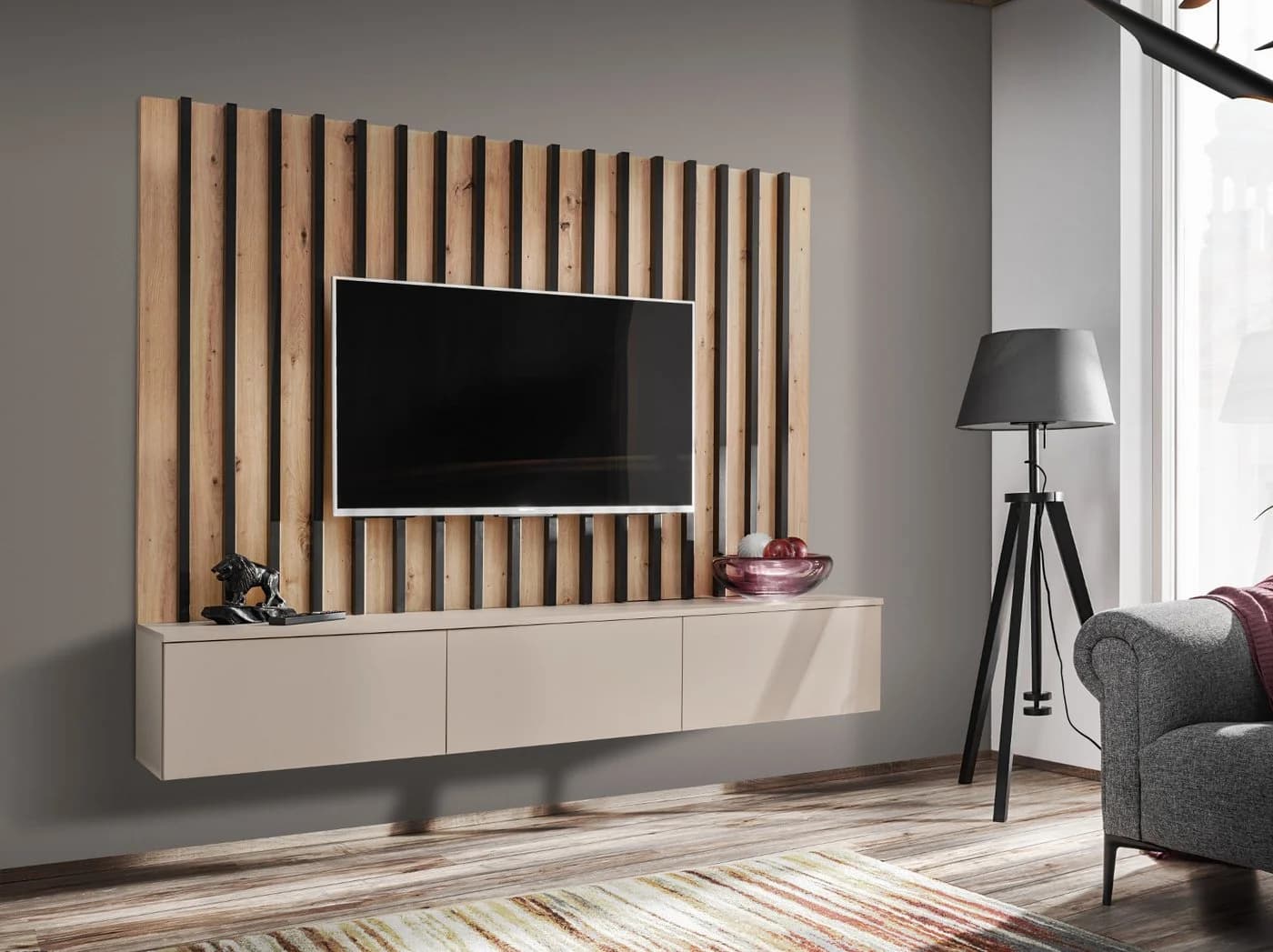 Furn.Design TV-Board Pearl Set mit Rückwandpaneel Kaschmir Eiche