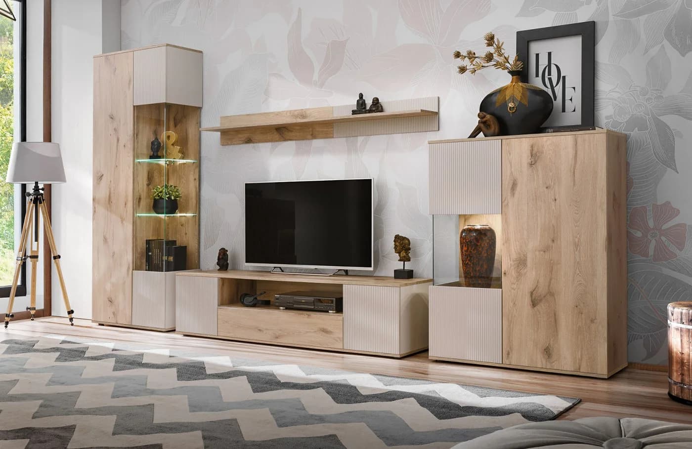 Inn.Furn Wohnwand Cathlyn 4-teilig Eiche Kaschmir Push-To-Open LED