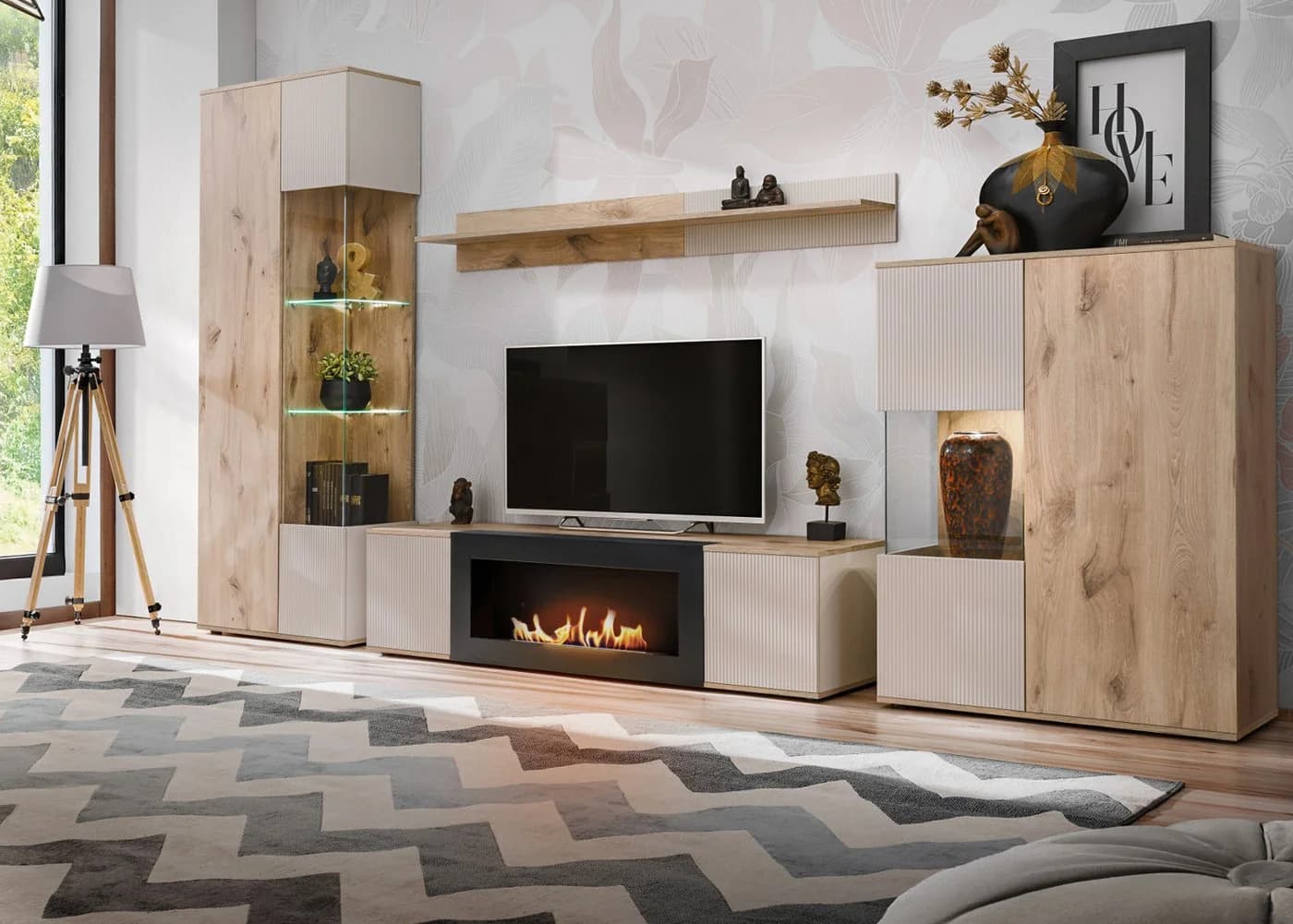 Inn.Furn Wohnwand Cathlyn Eiche Kaschmir mit Ethanol Kamin und LED