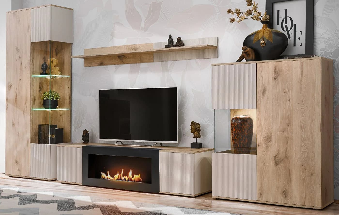 Inn.Furn Wohnwand Cathlyn Eiche Kaschmir mit Ethanol Kamin und LED - Bild 2