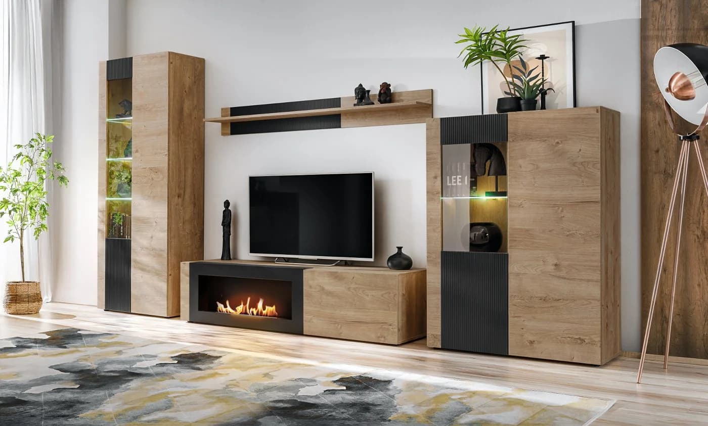 Inn.Furn Wohnwand Heron Eiche Schwarz Push-To-Open mit Kamin
