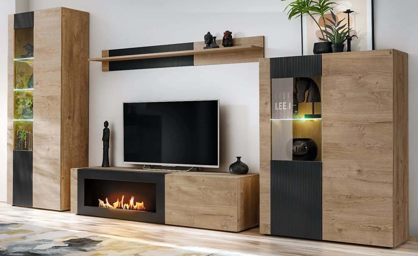 Inn.Furn Wohnwand Heron Eiche Schwarz Push-To-Open mit Kamin - Bild 2