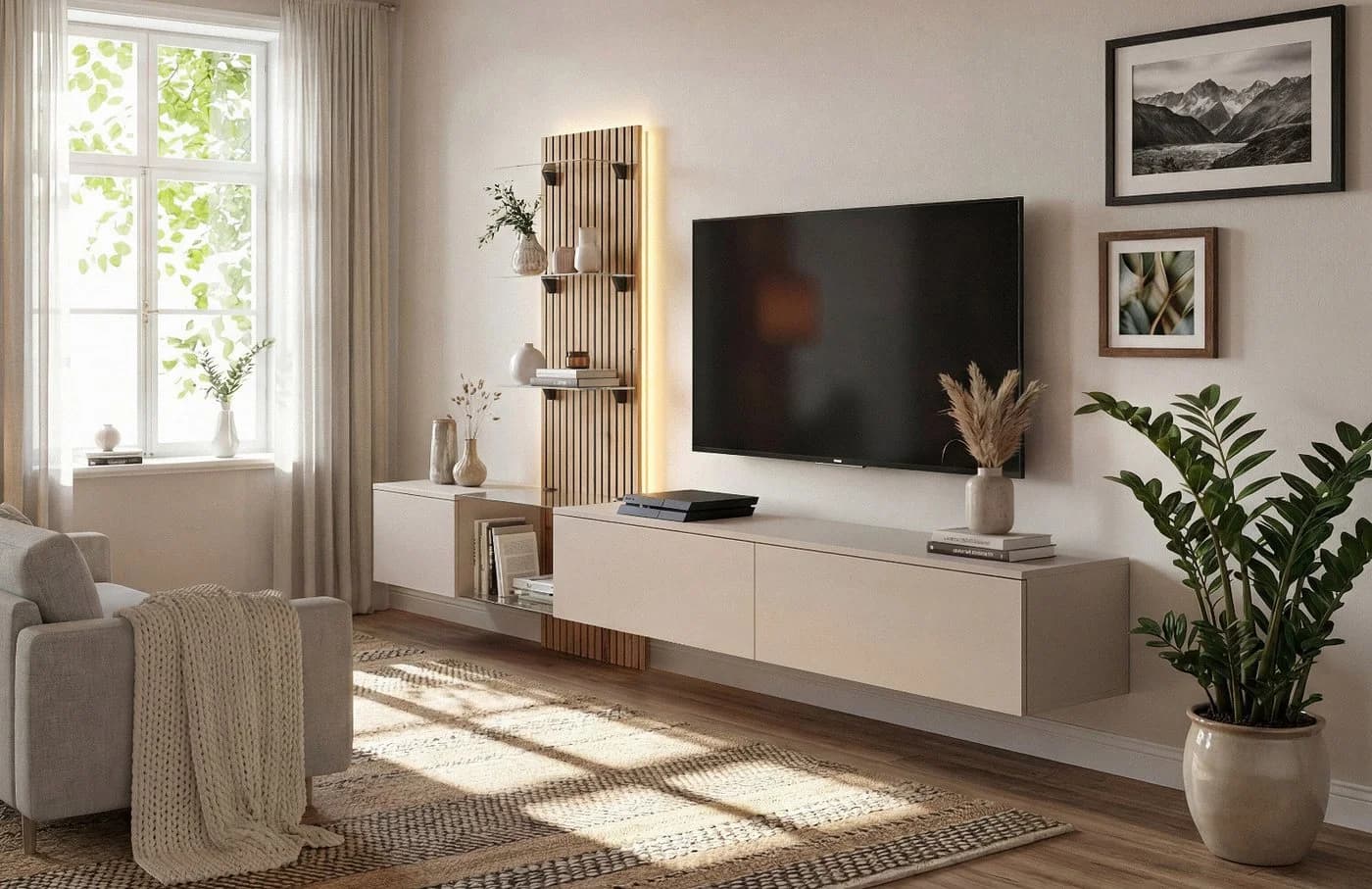 Furn.Design Wohnwand Clay Grau Eiche LED Push-to-Open