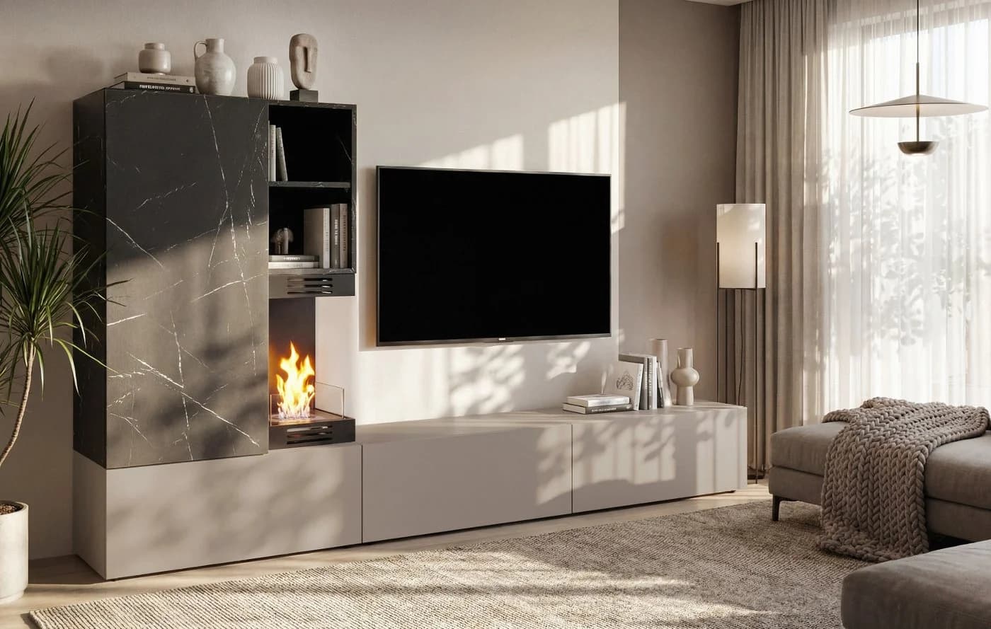 Inn.Furn Wohnwand Cosy Grau Marmor mit Ethanol-Kamin