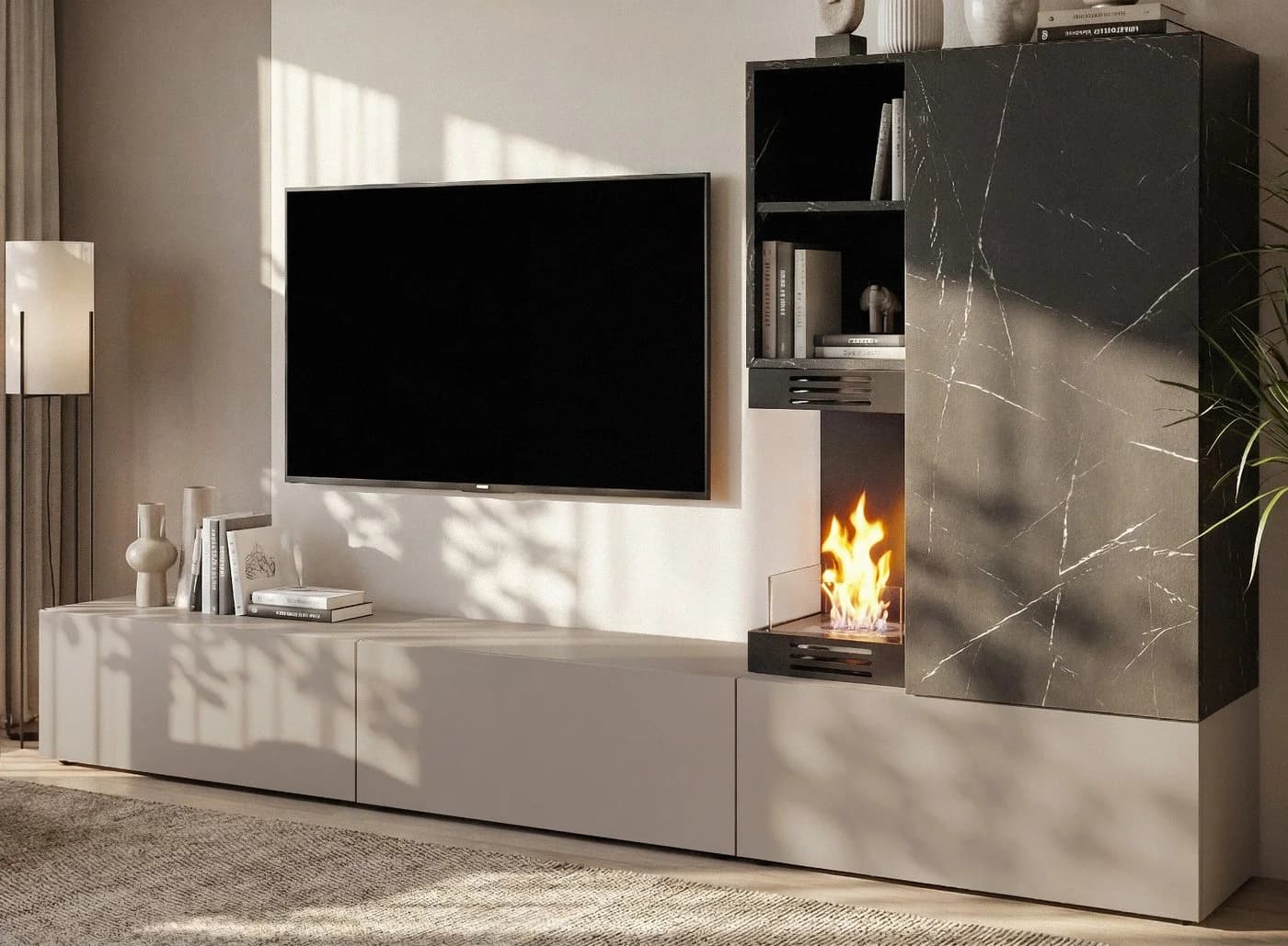 Inn.Furn Wohnwand Cosy Grau Marmor mit Ethanol-Kamin - Bild 2