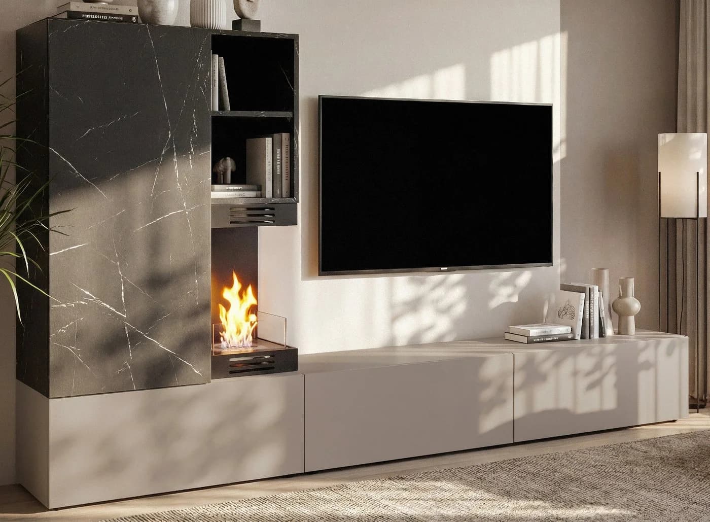 Inn.Furn Wohnwand Cosy Grau Marmor mit Ethanol-Kamin - Bild 5