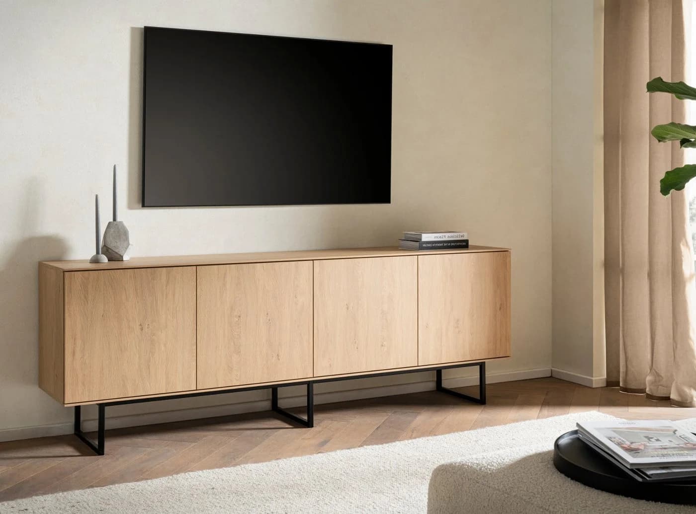 Furn.Design Lowboard Breda TV Unterteil Stone Eiche Schwarz 4-türig