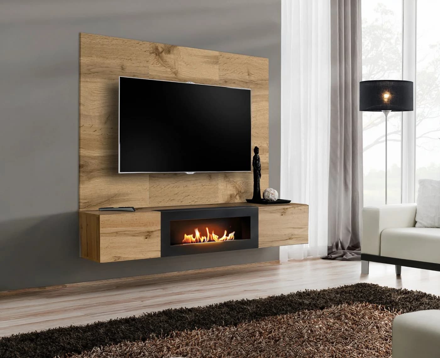Inn.Furn Lowboard Public Set mit Kamin und Wandpaneel Eiche Wotan