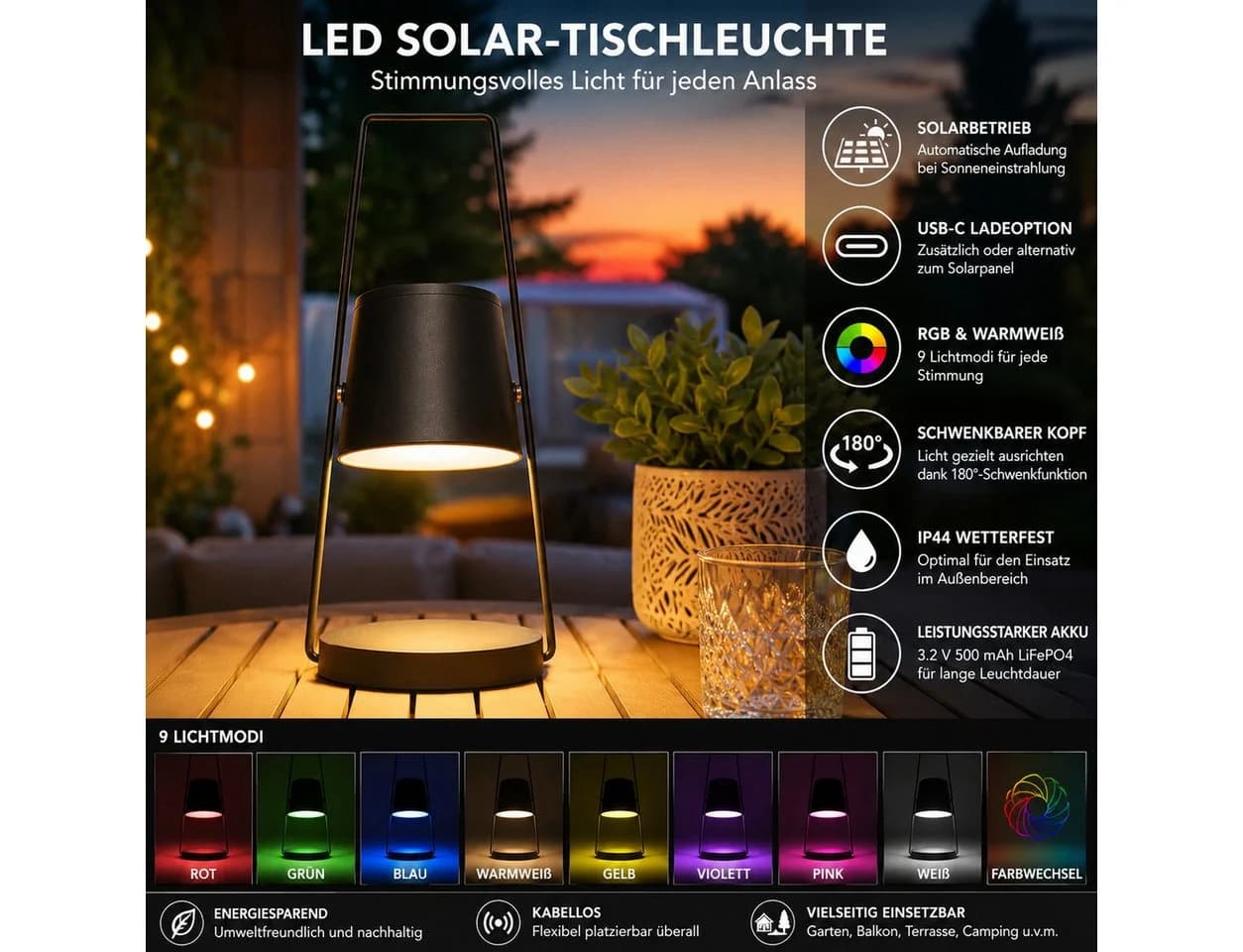 GiglioCollection LED Solar-Tischleuchte schwenkbar IP44 Schwarz - Bild 2