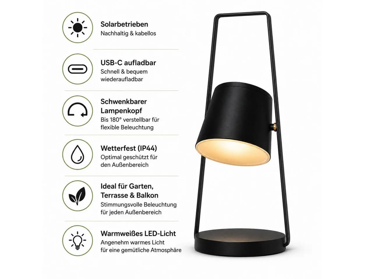GiglioCollection LED Solar-Tischleuchte schwenkbar IP44 Schwarz - Bild 4