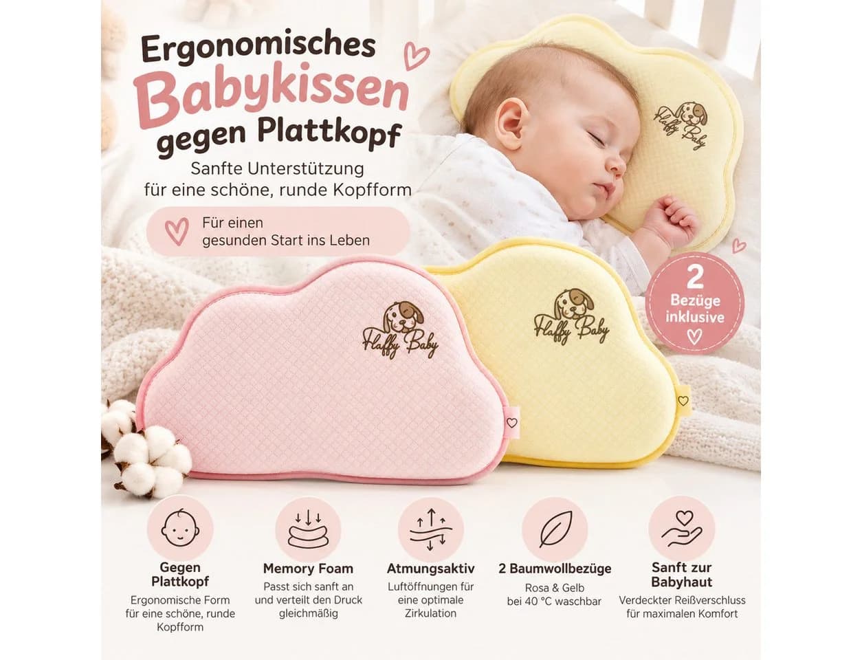 GiglioCollection Babykissen Ergonomisch Memory Foam 2 Bezüge Rosa Gelb - Bild 2