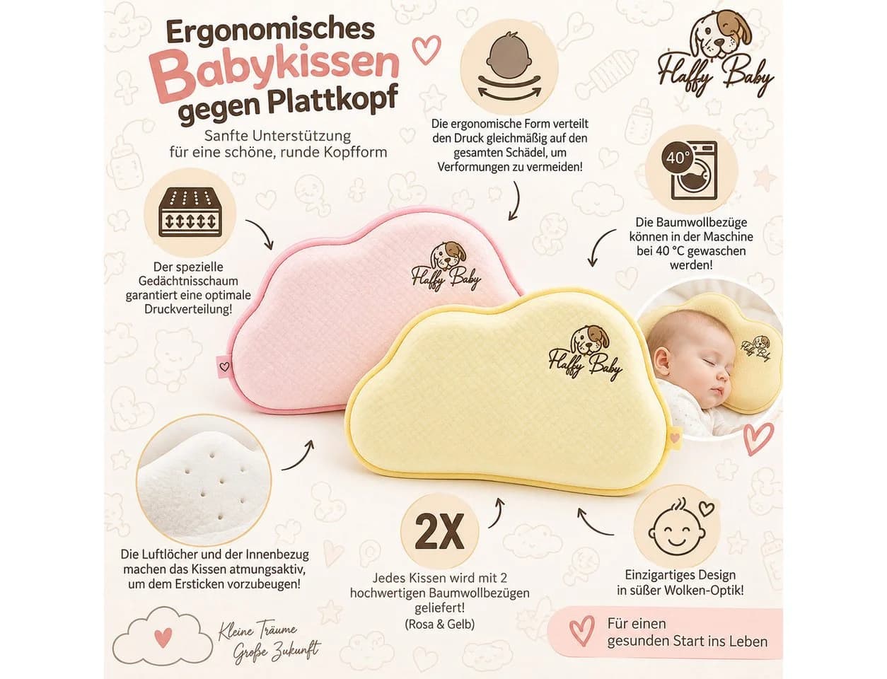 GiglioCollection Babykissen Ergonomisch Memory Foam 2 Bezüge Rosa Gelb - Bild 5