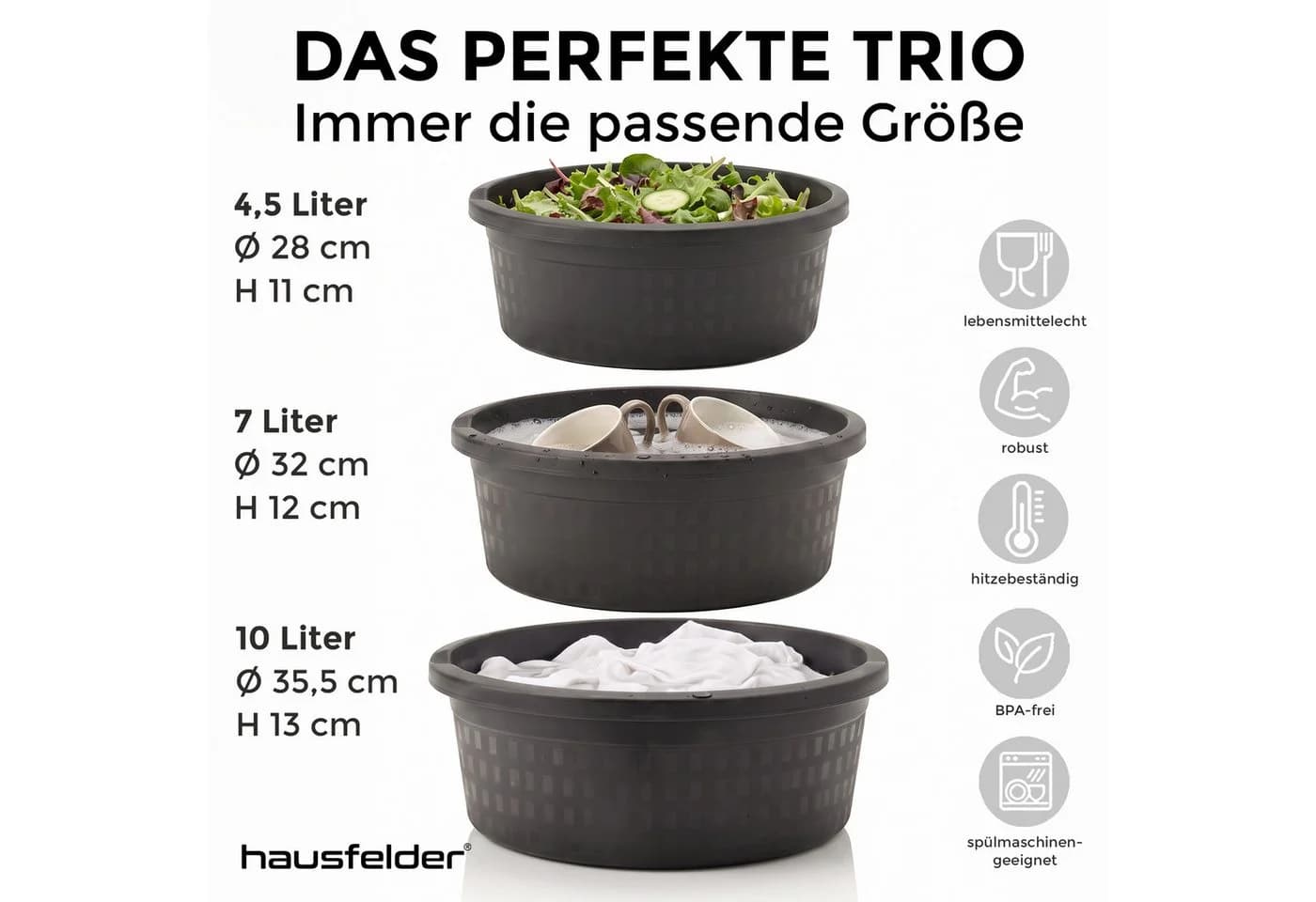 Hausfelder Spülschüssel-Set 3-tlg. Anthrazit 4,4-10L