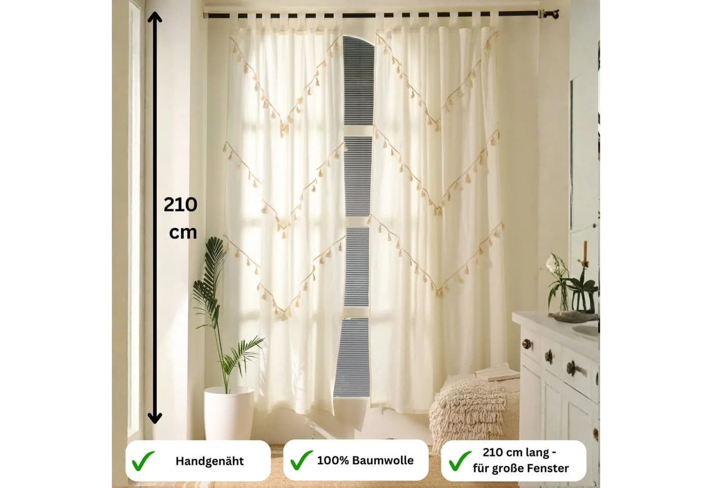 Karmandala Boho Vorhang 2-teilig Weiß 100% Baumwolle mit Quasten - Bild 1