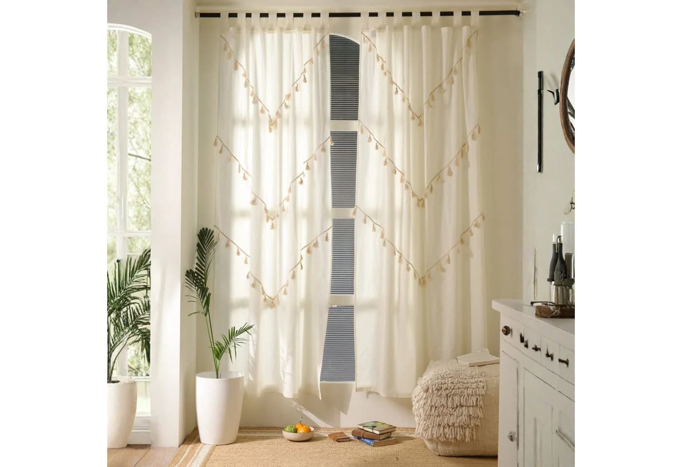 Karmandala Boho Vorhang 2-teilig Weiß 100% Baumwolle mit Quasten - Bild 2