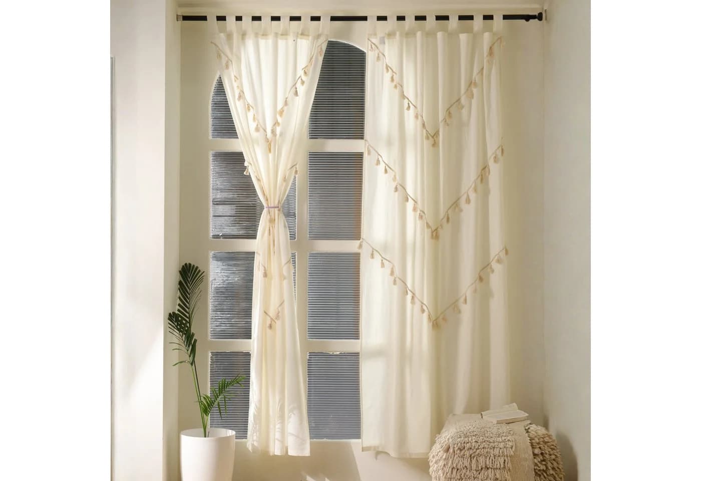 Karmandala Boho Vorhang 2-teilig Weiß 100% Baumwolle mit Quasten - Bild 3