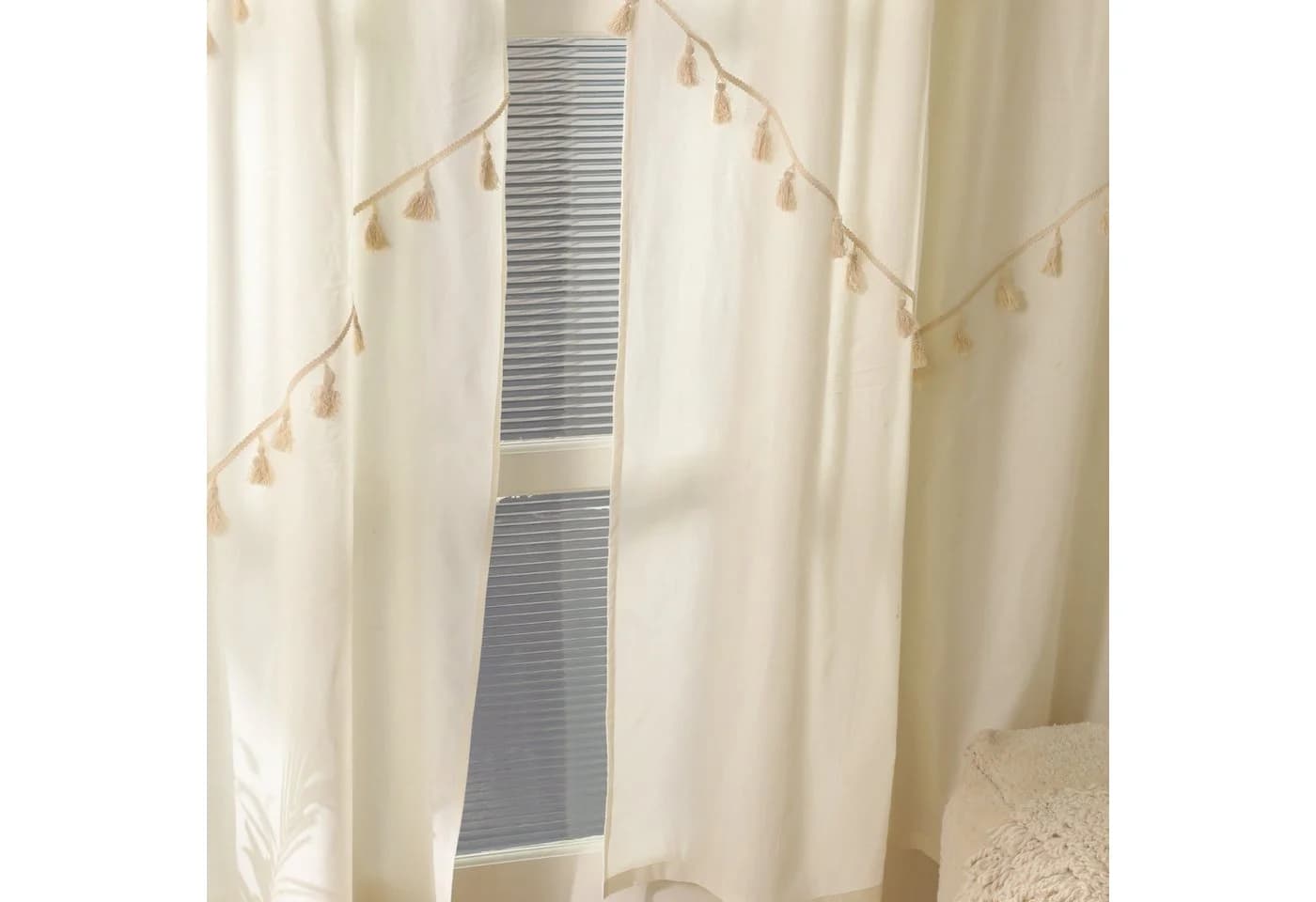 Karmandala Boho Vorhang 2-teilig Weiß 100% Baumwolle mit Quasten - Bild 5
