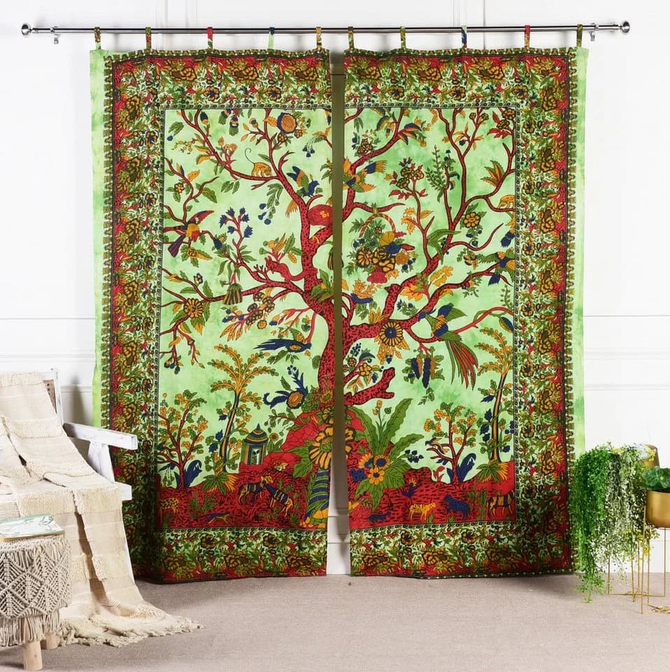 Karmandala Vorhang 2er-Set Grün Lebensbaum Baumwolle Boho - Bild 2