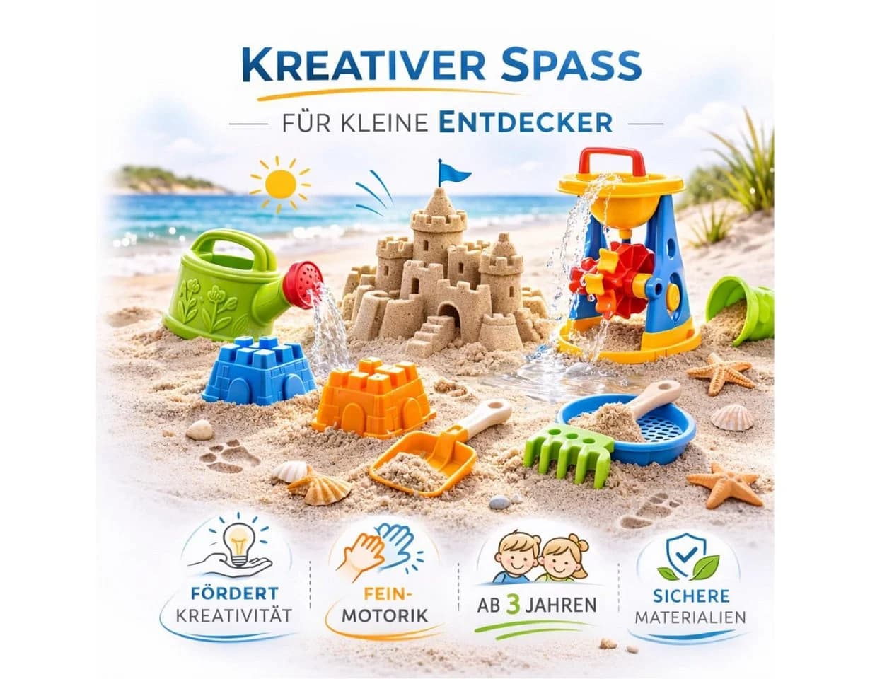 TK Gruppe Sandform-Set 9-teilig Sandspielzeug mit Schaufel, Rechen & Sieb
