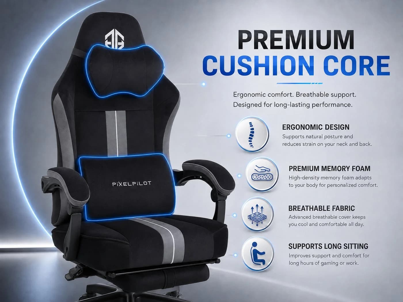 PixelPilot Gaming-Stuhl Ergonomisch mit Fußstütze Grau/Schwarz - Bild 3