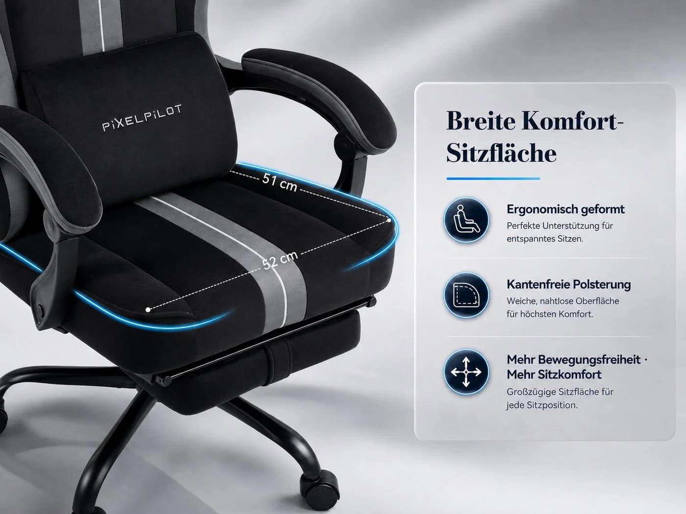 PixelPilot Gaming-Stuhl Ergonomisch mit Fußstütze Grau/Schwarz - Bild 4