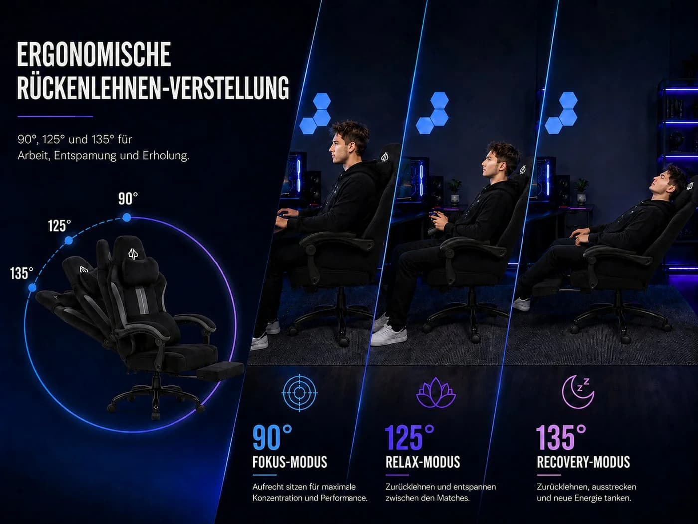 PixelPilot Gaming-Stuhl Ergonomisch mit Fußstütze Grau/Schwarz - Bild 5