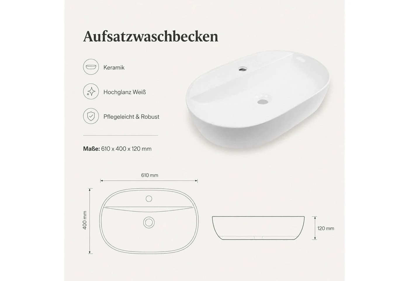 ART OF BAAN Aufsatzwaschbecken Oval Weiß Hochglanz Keramik - Bild 5