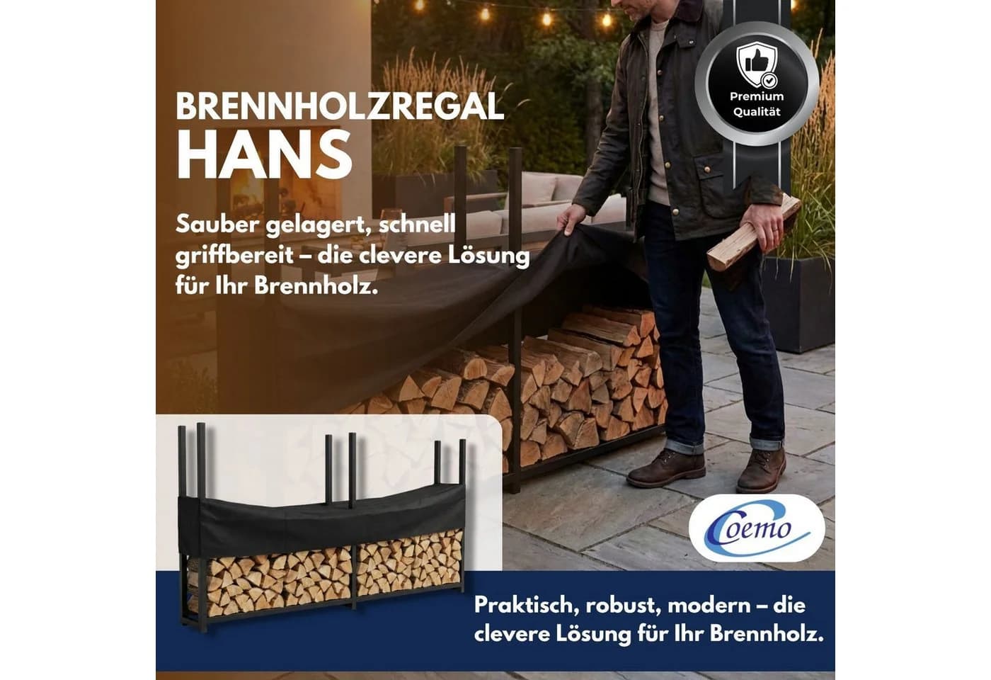 Coemo Brennholzregal HANS Metall Schwarz mit Abdeckplane