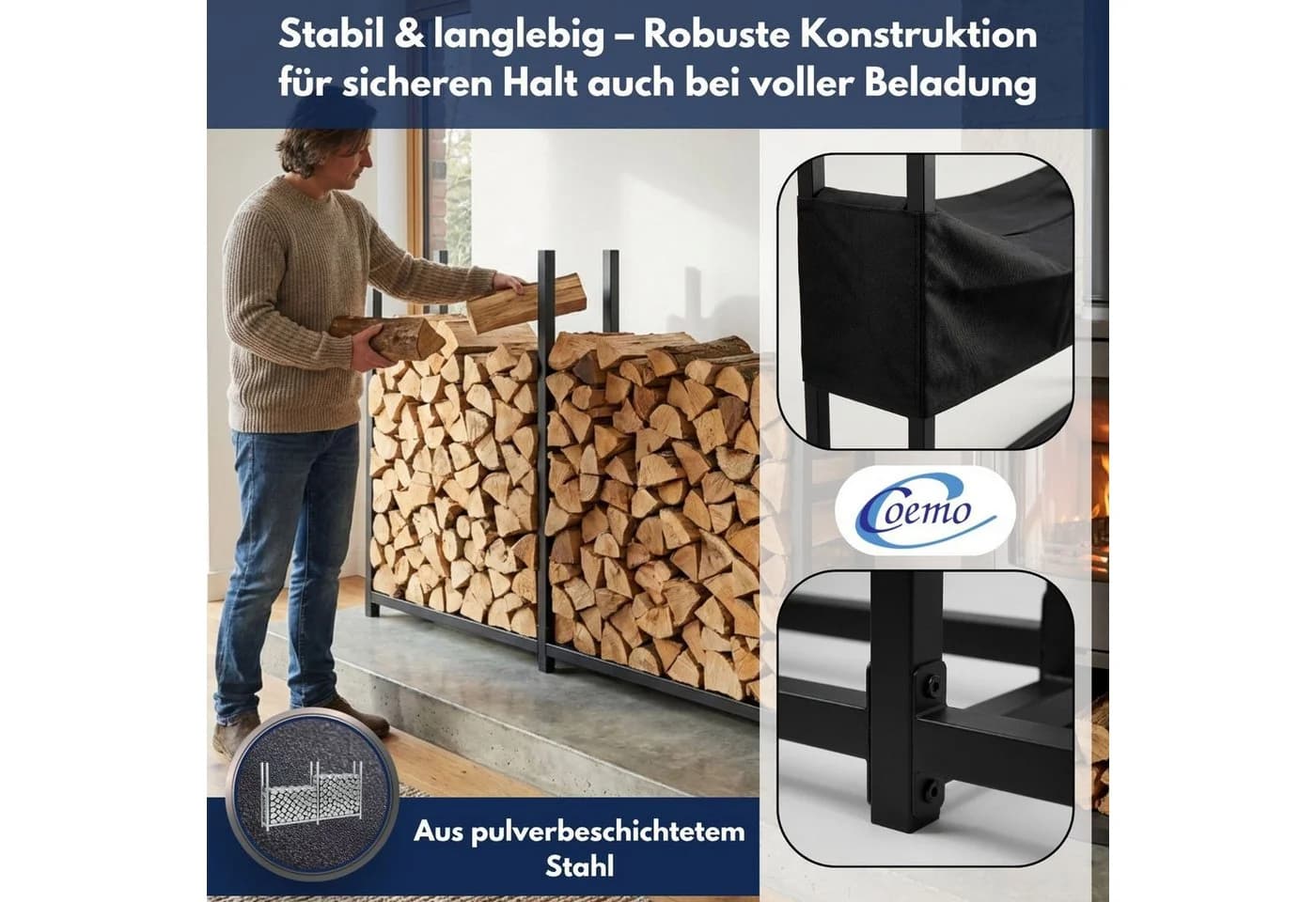 Coemo Brennholzregal HANS Metall Schwarz mit Abdeckplane - Bild 3