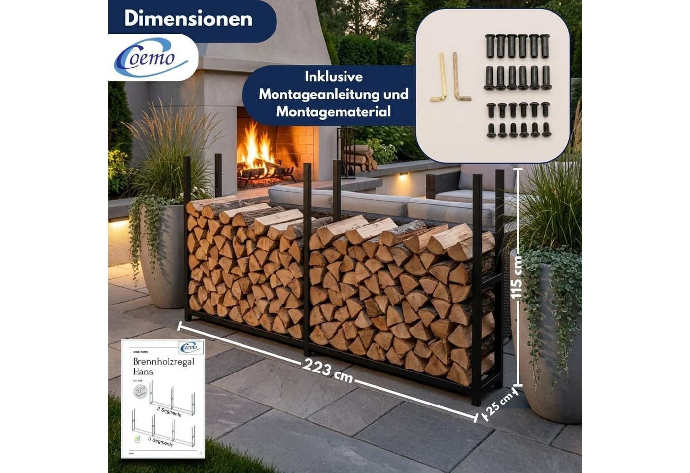 Coemo Brennholzregal HANS Metall Schwarz mit Abdeckplane - Bild 5