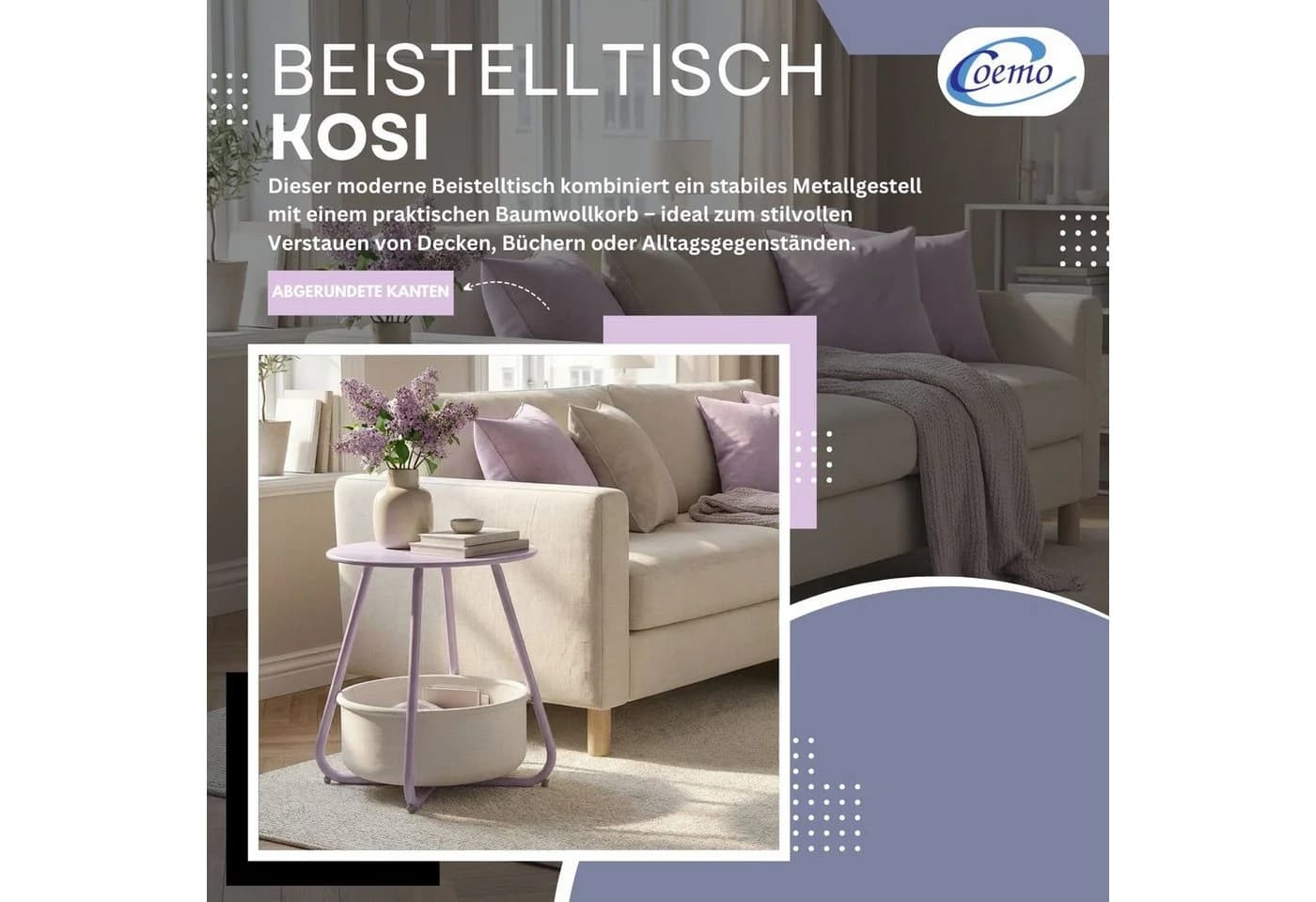 Coemo Wohnzimmertisch KOSI Lila Metallgestell mit Aufbewahrungskorb