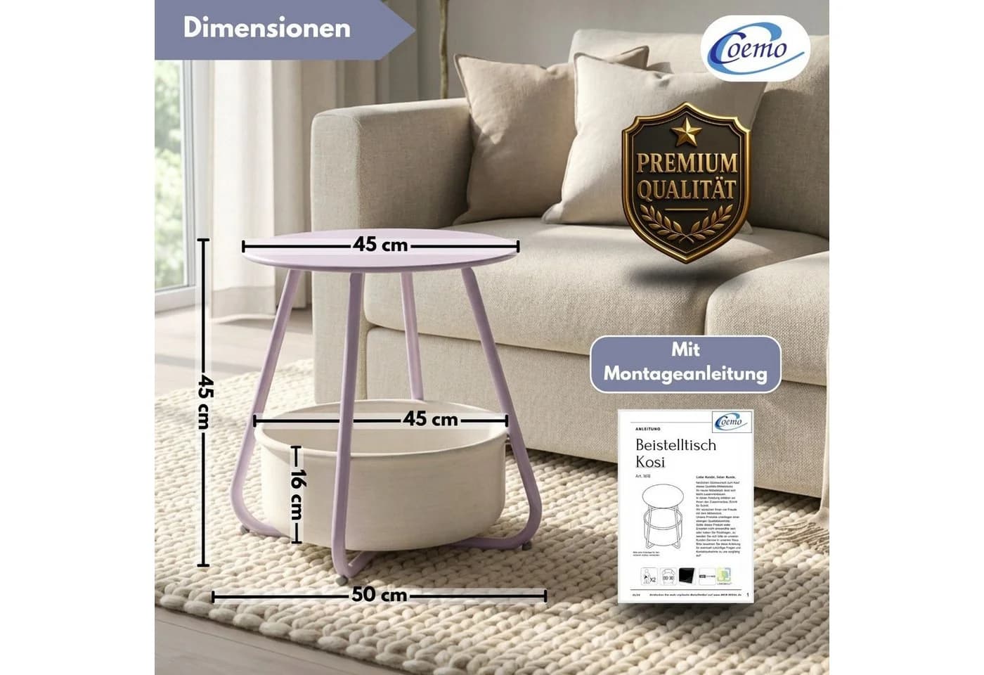Coemo Wohnzimmertisch KOSI Lila Metallgestell mit Aufbewahrungskorb - Bild 4