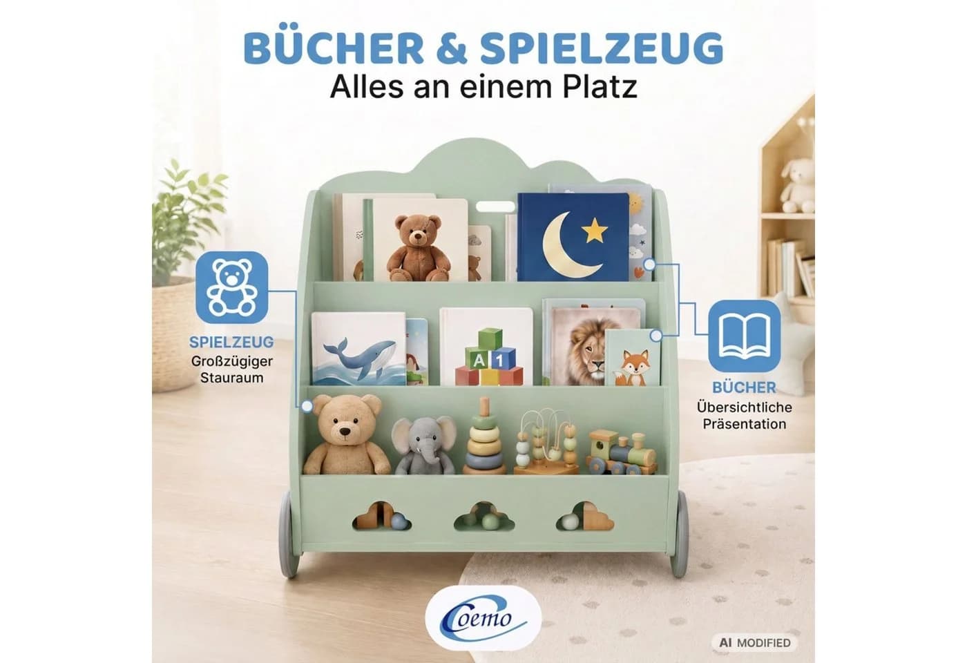 Coemo Standregal BOOKIE Aufbewahrungsrollwagen Holz Mintgrün
