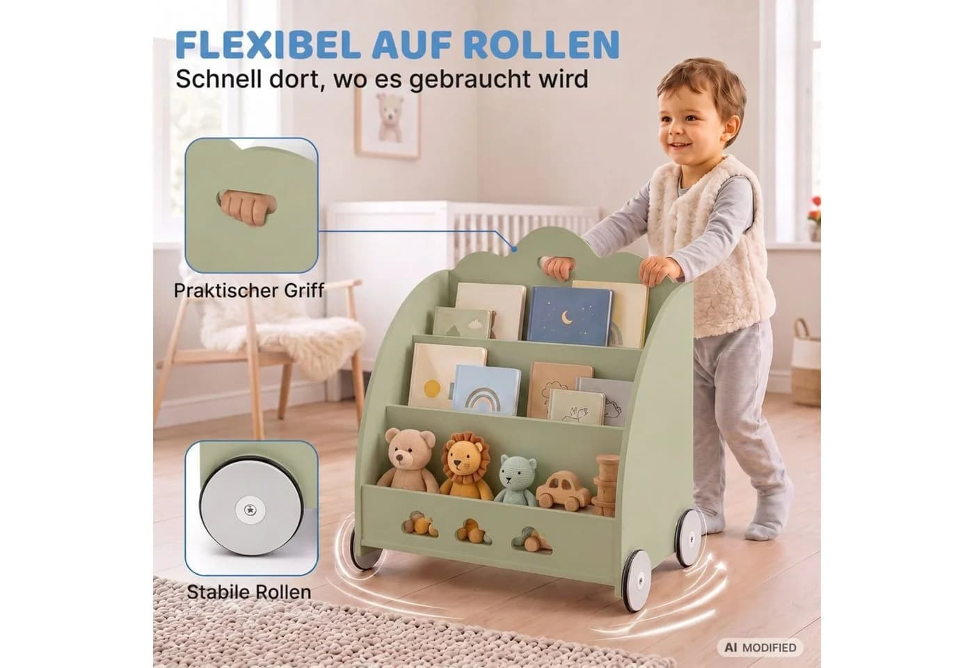 Coemo Standregal BOOKIE Aufbewahrungsrollwagen Holz Mintgrün - Bild 3