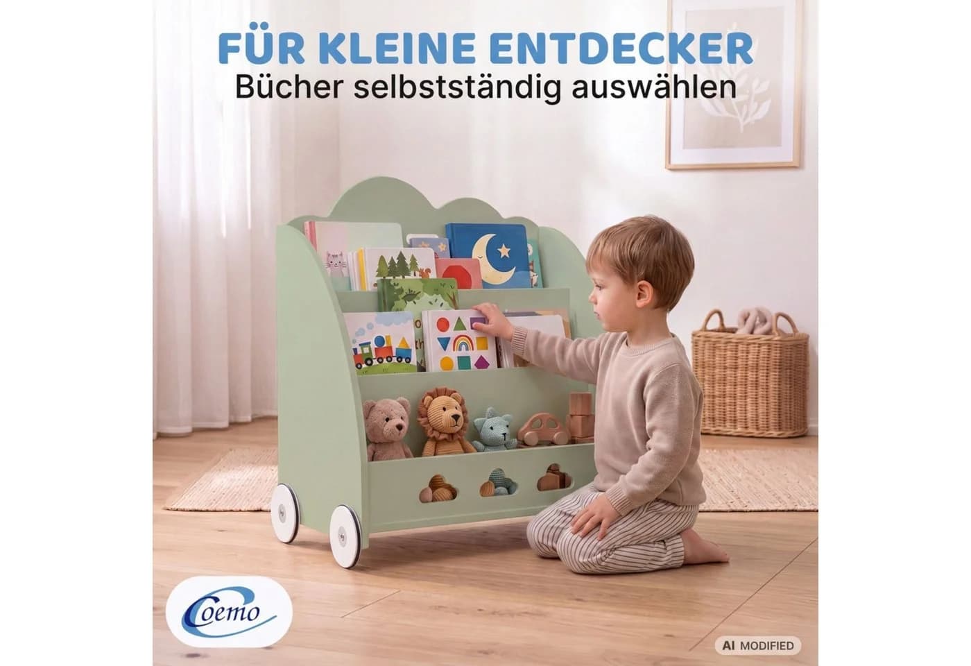 Coemo Standregal BOOKIE Aufbewahrungsrollwagen Holz Mintgrün - Bild 4