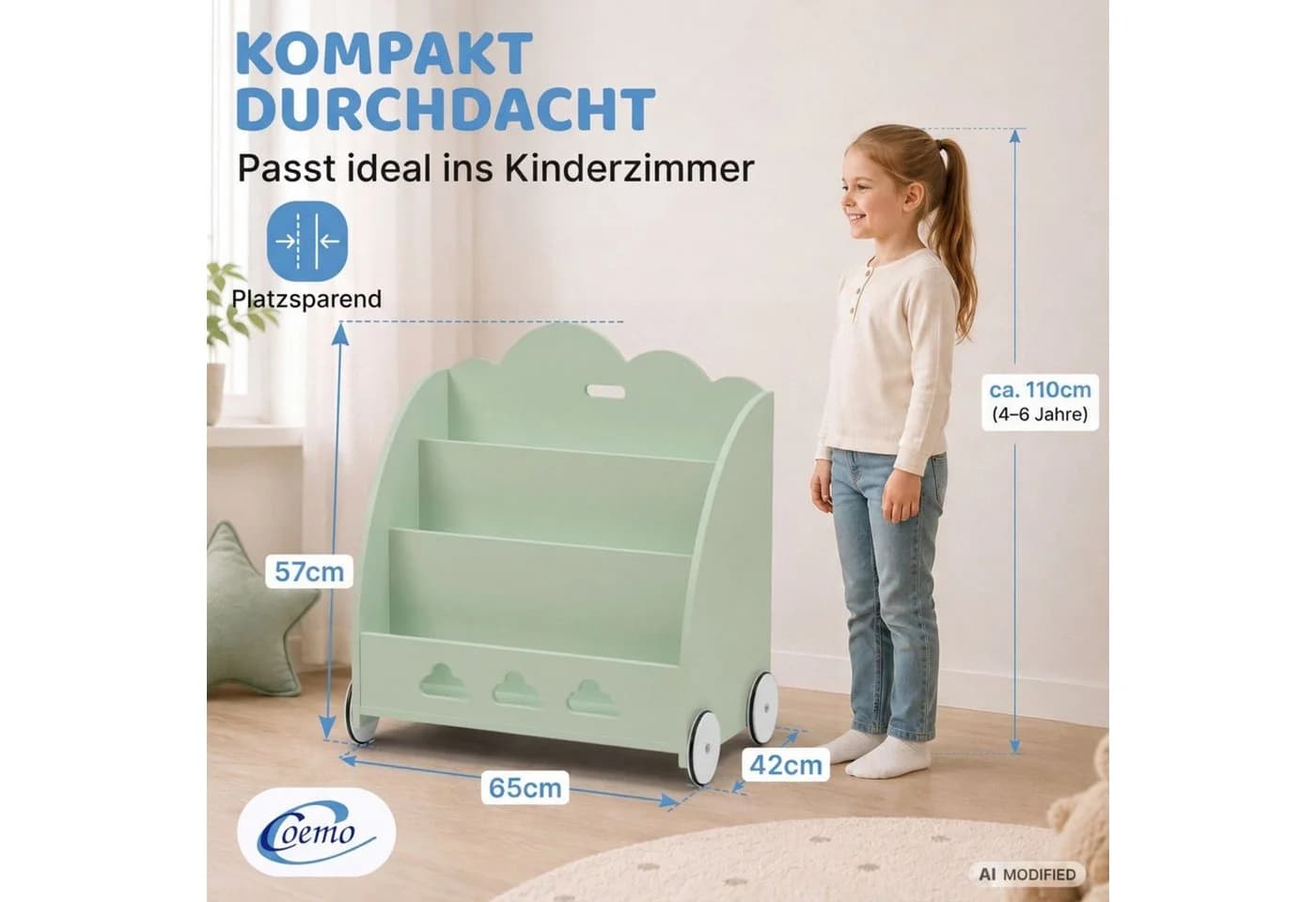Coemo Standregal BOOKIE Aufbewahrungsrollwagen Holz Mintgrün - Bild 5