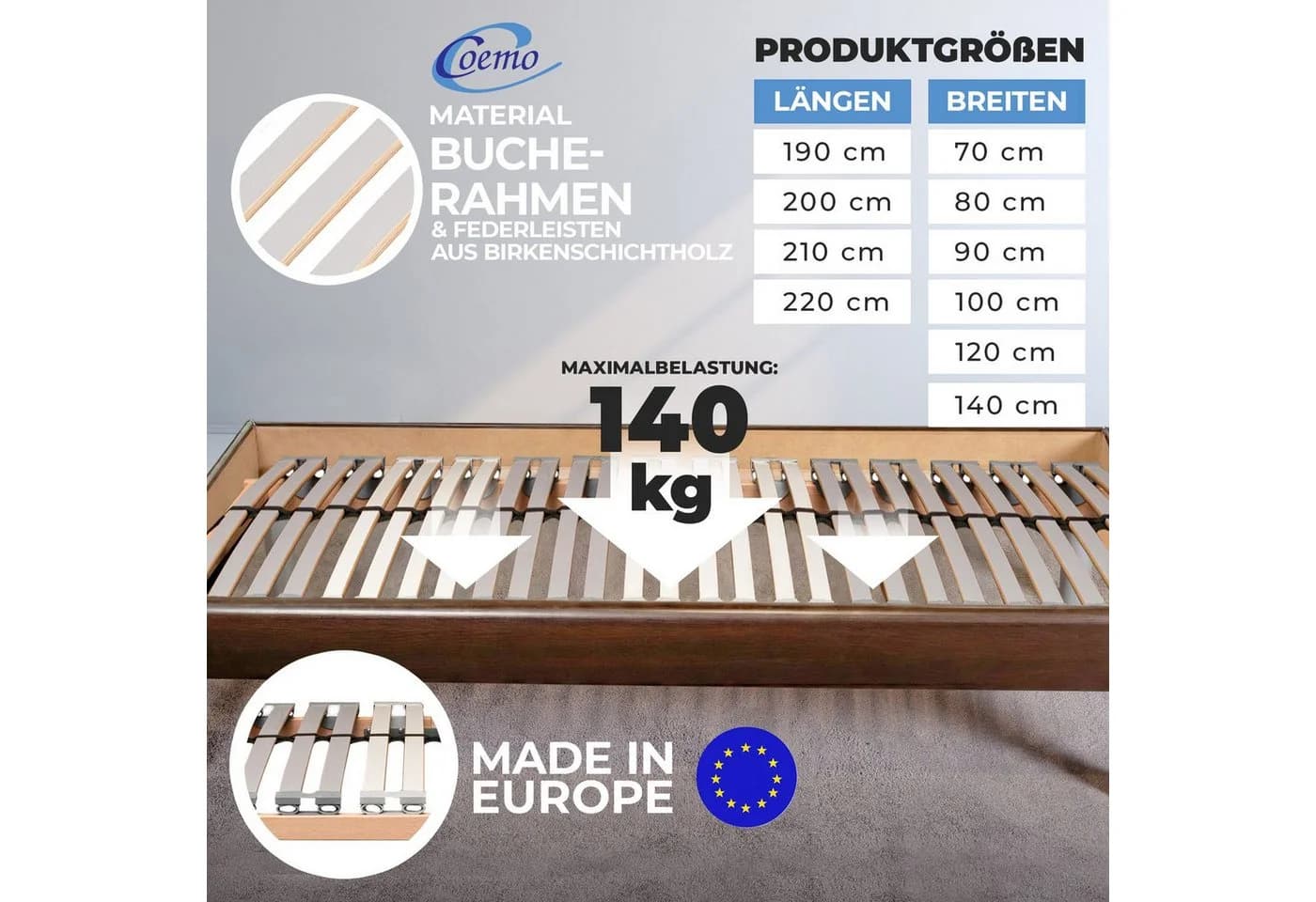 Coemo Lattenrost EasyLat 80x200 cm 5-Zonen Buchenschichtholz - Bild 3