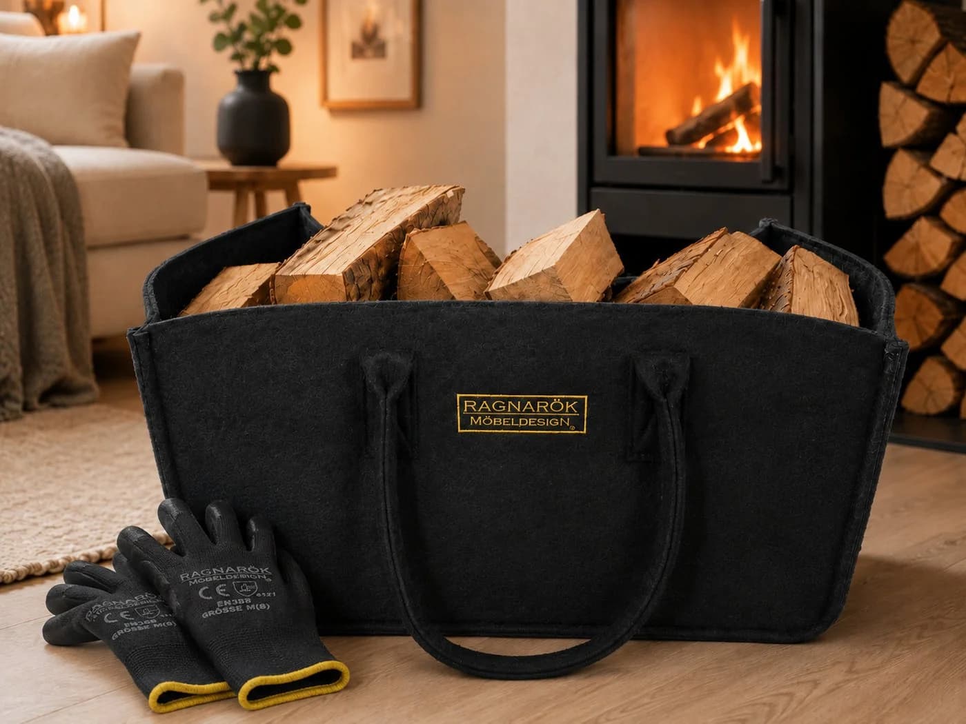 Ragnarök Möbel-Design Kaminholztasche Schwarz Filz