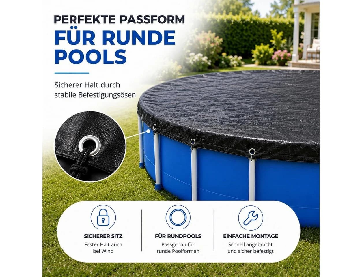 TK Gruppe Poolüberdachung rund – Extra starke 200 g/m² Poolplane schwarz - Bild 4