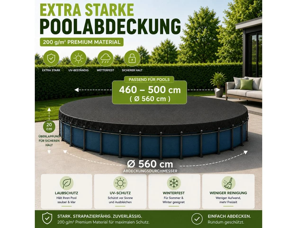 Gartiva® Poolüberdachung rund schwarz – 200 g/m² Solar Poolplane UV-beständig