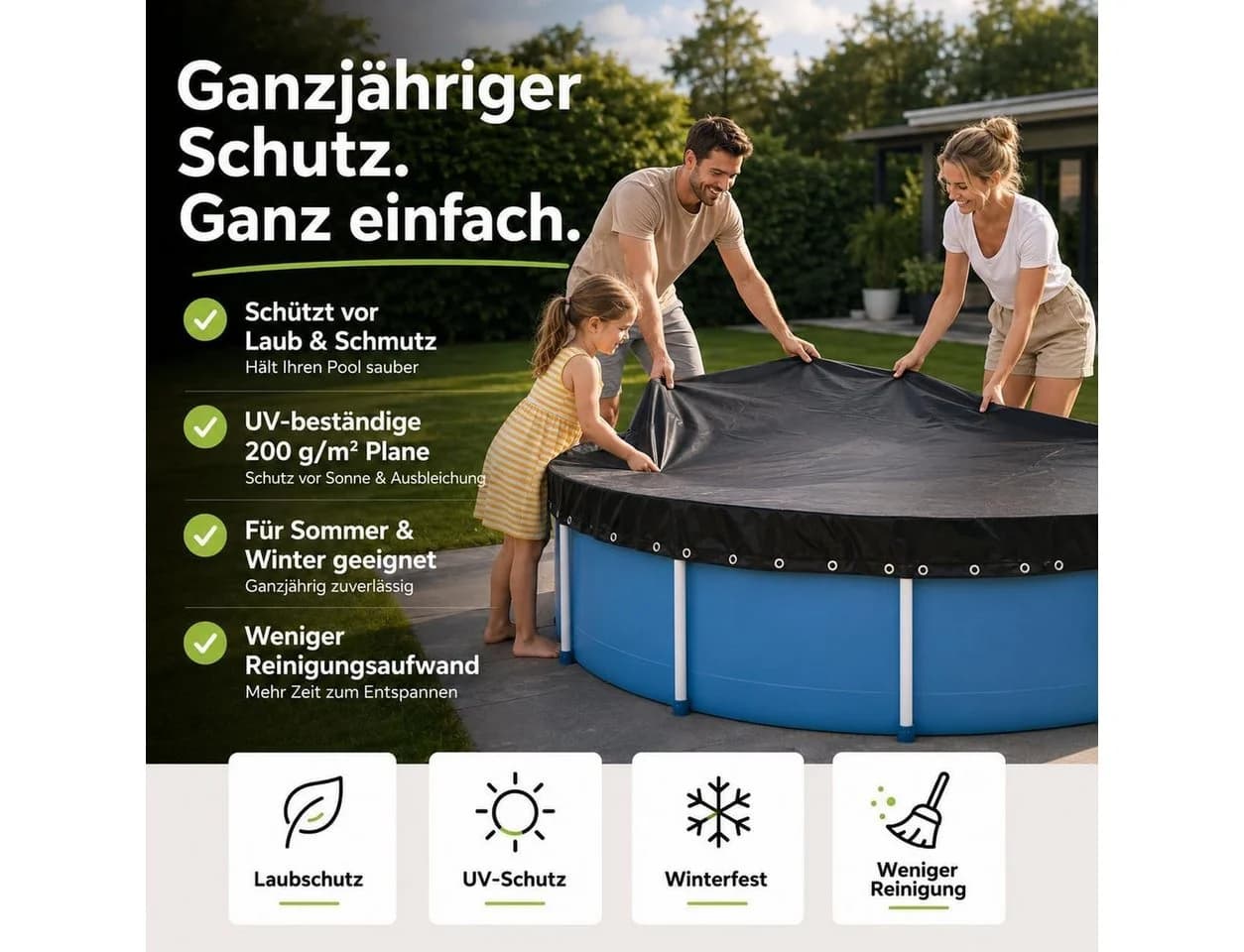 Gartiva® Poolüberdachung rund schwarz – 200 g/m² Solar Poolplane UV-beständig - Bild 3